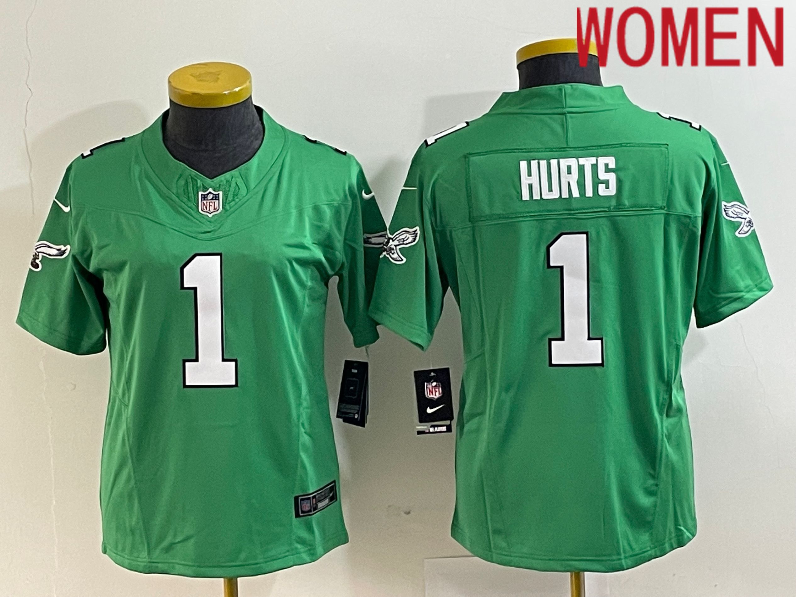 Women Philadelphia Eagles 1 Hurts Green Nike Throwback Vapor Limited NFL Jersey